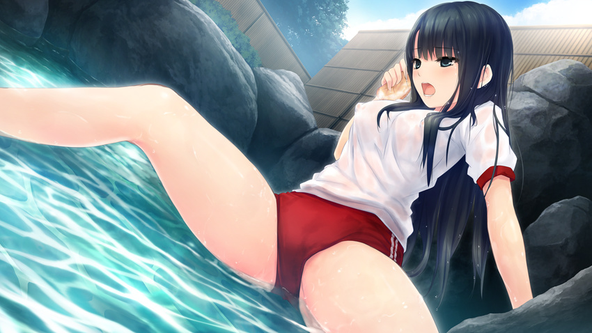 1girl amekoi black_eyes black_hair bloomers breasts buruma coffee-kizoku embarrassed erect_nipples game_cg gym_uniform highres kazuharu_kina legs long_hair looking_down medium_breasts noesis onsen open_mouth sitting solo steam thighs water wet wet_clothes