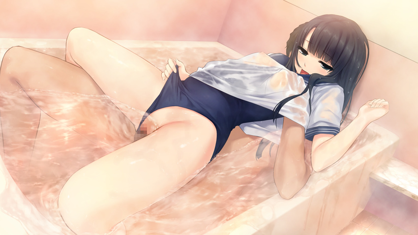 1girl amekoi bath bathtub black_eyes black_hair blush breast_grab breasts censored coffee-kizoku game_cg grabbing highres kazuharu_kina legs long_hair noesis open_mouth penis sex small_breasts steam swimsuit thighs vaginal wet wet_clothes