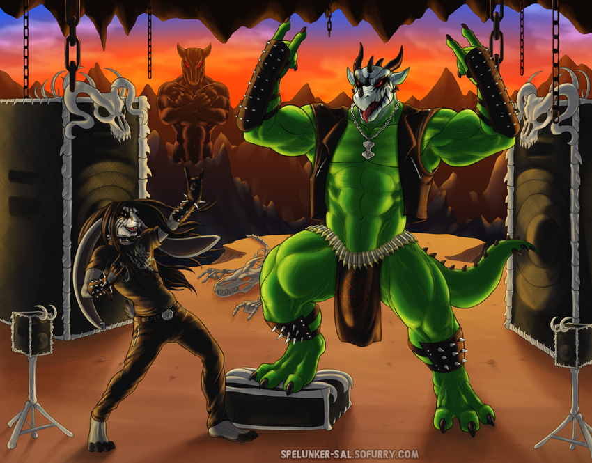 2014 abs anthro belt biceps black_hair claws clothing dragon flexing fur green_skin hair jewelry lagomorph loincloth male mammal muscles pants pecs rabbit reptile rock_out scalie shirt spelunker_sal spelunker_sal_(character) standing toned varanis_blackclaw vein