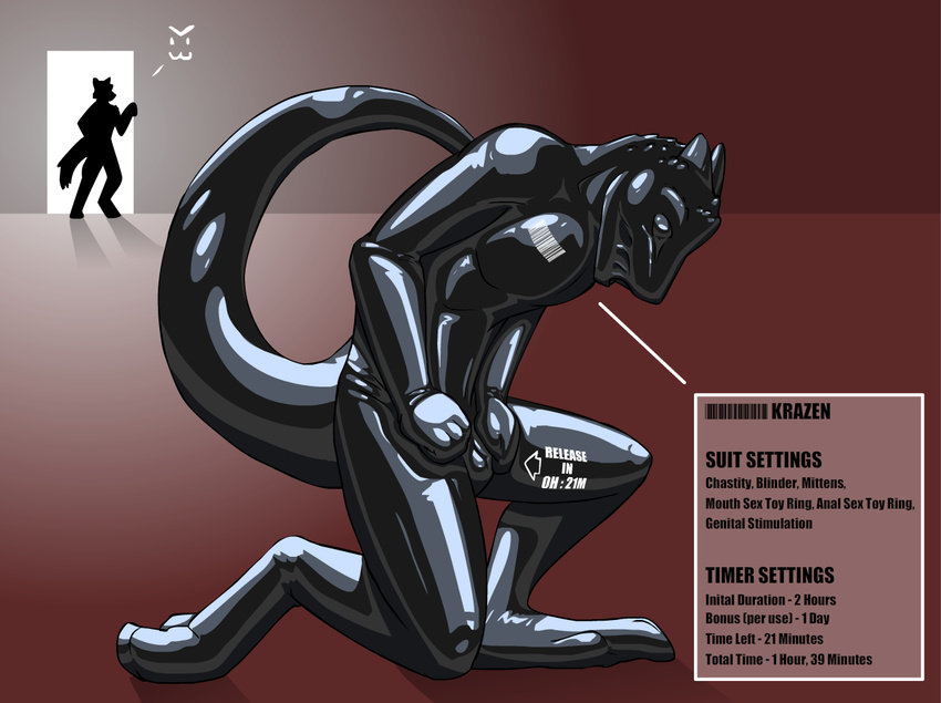 2014 anthro bdsm bondage bound chastity duo endium english_text gay horn kneeling krazen lizard male presenting reptile rubber rubber_suit scalie shiny silhouette solo_focus text trapped