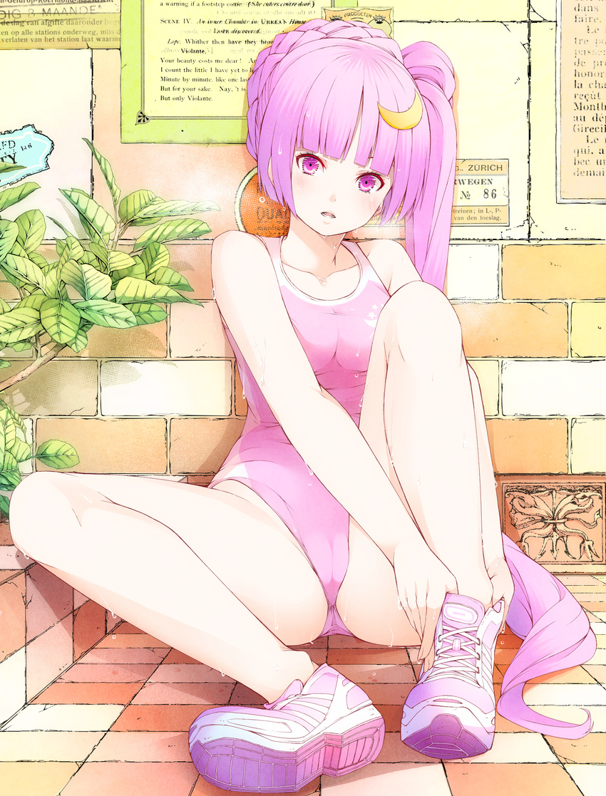 adjusting_clothes adjusting_shoe alternate_costume alternate_hairstyle bare_legs blush breasts brick_wall cameltoe crescent crescent_hair_ornament dutch english french gymnast_leotard hair_ornament highres legs leotard long_hair medium_breasts mikoma_sanagi no_hat no_headwear no_socks open_mouth patchouli_knowledge pink pink_leotard purple_eyes purple_hair shoes side_ponytail sitting sneakers solo sweat tile_floor tiles touhou very_long_hair