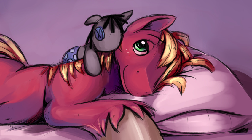 2014 bed big_macintosh_(mlp) blonde_hair button earth_pony equine friendship_is_magic green_eyes gsphere hair horse looking_at_viewer lying male mammal my_little_pony pillow plushie pony smartypants_(mlp) solo