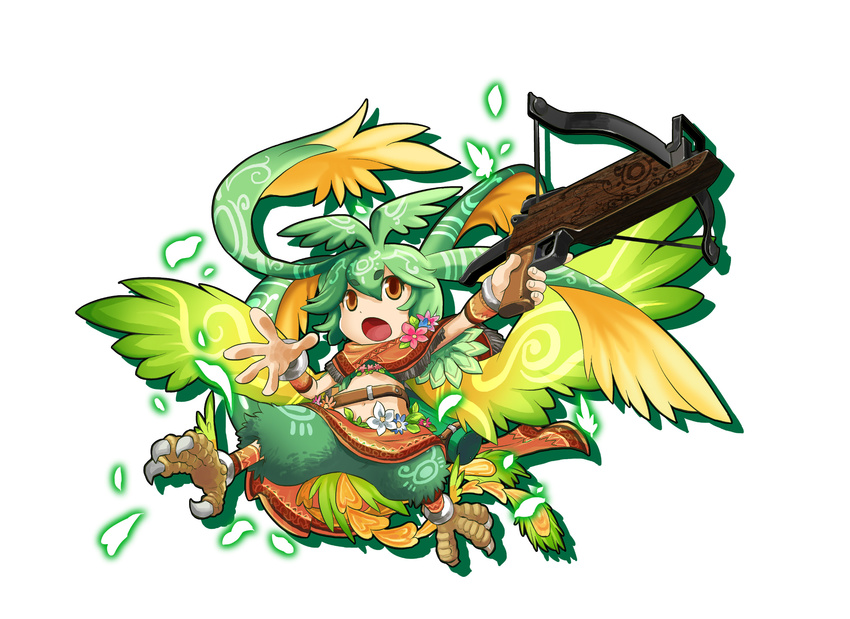 bird_tail bow_(weapon) brown_eyes claws crossbow gradient_wings green_hair highres holding multicolored multicolored_wings navel open_mouth petals puzzle_&amp;_dragons simple_background solo sylph_(p&amp;d) tomotsuka_haruomi weapon white_background wings