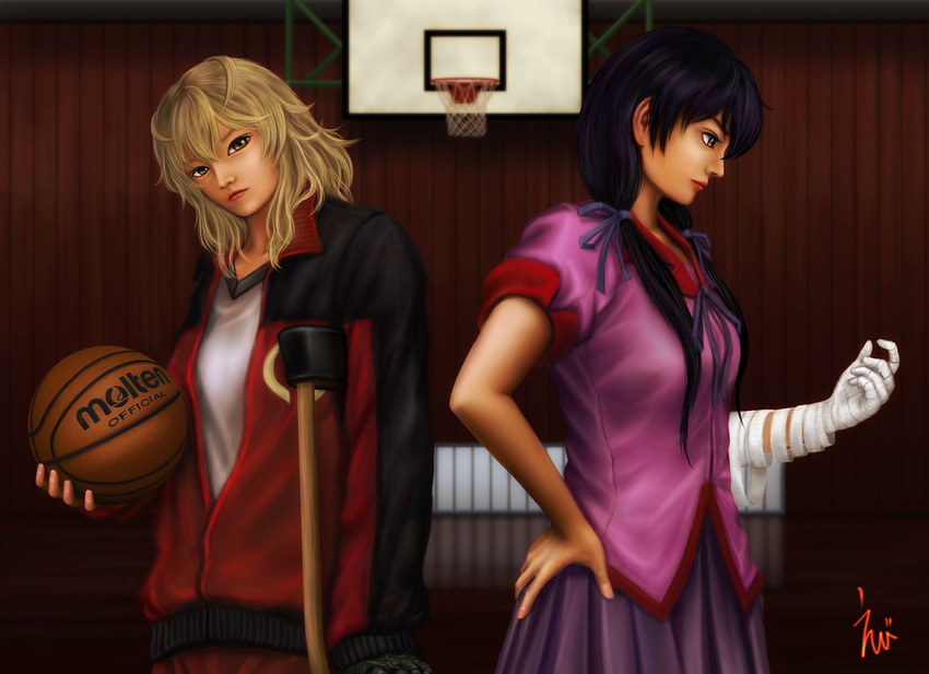 artist_name bandages basketball basketball_court basketball_hoop black_hair blonde_hair brown_eyes crutch ebi_(eeotoko) hanamonogatari hand_on_hip head_tilt highres jacket kanbaru_suruga lips long_hair low_twintails messy_hair monogatari_(series) multiple_girls nose numachi_rouka school_uniform short_hair signature track_jacket track_suit twintails