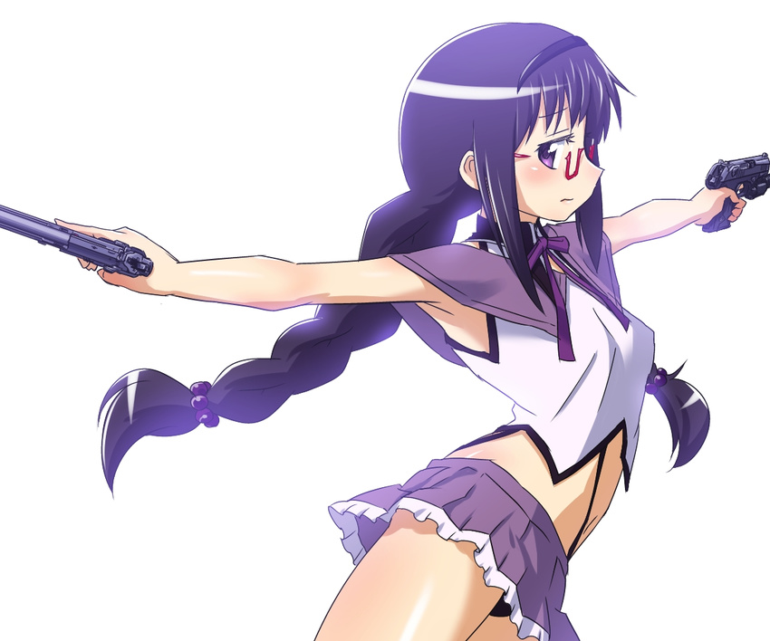 adapted_costume akemi_homura beretta_92 beretta_px4 black_hair black_panties braid cocked_hammer crop_top dual_wielding glasses gun hairband handgun holding laser_sight long_hair looking_at_viewer mahou_shoujo_madoka_magica midriff miniskirt navel panties pantyshot purple_eyes red-framed_eyewear revealing_clothes sat-c semi-rimless_eyewear shiny shiny_skin simple_background skirt solo trigger_discipline twin_braids under-rim_eyewear underwear weapon white_background