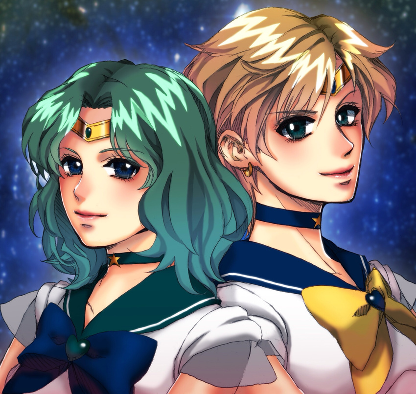 aqua_eyes aqua_hair bishoujo_senshi_sailor_moon blonde_hair blue_choker blue_eyes blue_sailor_collar bow choker circlet graphite_(medium) highres kaiou_michiru light_smile mixed_media multiple_girls oquno_airi outer_senshi sailor_collar sailor_neptune sailor_senshi sailor_senshi_uniform sailor_uranus short_hair star star_choker super_sailor_neptune super_sailor_uranus ten'ou_haruka traditional_media very_short_hair yellow_bow