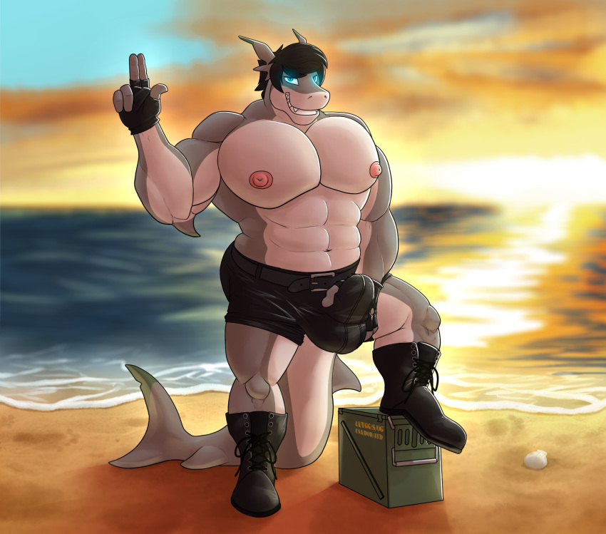 2018 5_fingers ammo_box anthro balls_outline beach black_hair blue_eyes blurred_background boots bulge clothed clothing drakians fish fluffysnowmeow footwear front_view glowing glowing_eyes grin hair hi_res holding_penis looking_at_viewer male marine muscular muscular_male navel nipples outside penis penis_outline seashell seaside shark smile solo standing topless water