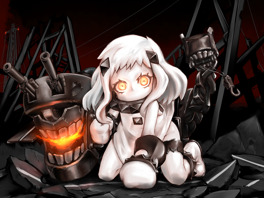 ai_yori_akashi bare_shoulders covered_mouth dress dress_lift glowing glowing_eyes highres horns kantai_collection kneeling long_hair looking_at_viewer machinery mittens northern_ocean_hime orange_eyes pale_skin shinkaisei-kan solo white_dress white_hair