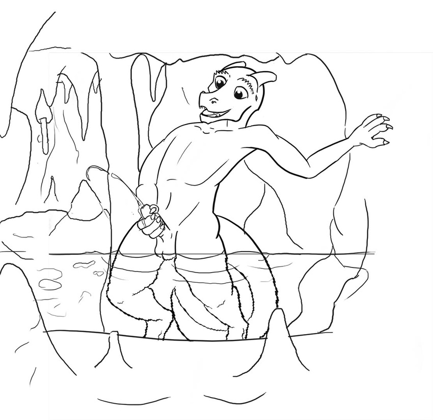2014 adult anthro balls bath cave claws crystallos cum cumshot dungeons_&amp;_dragons erection horn humanoid_penis invalid_tag kobold line_art male masturbation nude open_mouth orgasm penis reptile scalie sketch smile solo teeth tongue uncut water wet work_in_progress