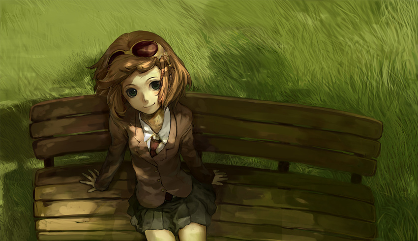 arm_support bad_id bad_pixiv_id bench brown_hair face from_above goggles grass green_eyes looking_up miniskirt necktie original school_uniform shirabi short_hair skirt smile solo