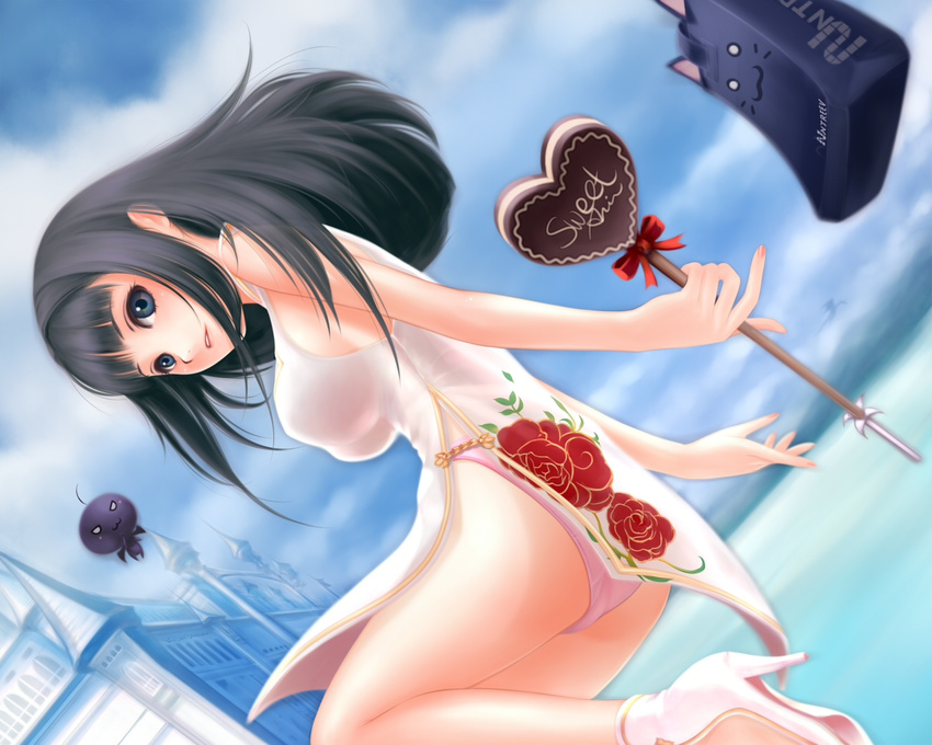 arin black_hair black_papel blue_eyes breasts castle china_dress chinese_clothes dress golf_club high_heels large_breasts long_hair pangya panties shoes side_slit solo underwear yori_(shitsuon)