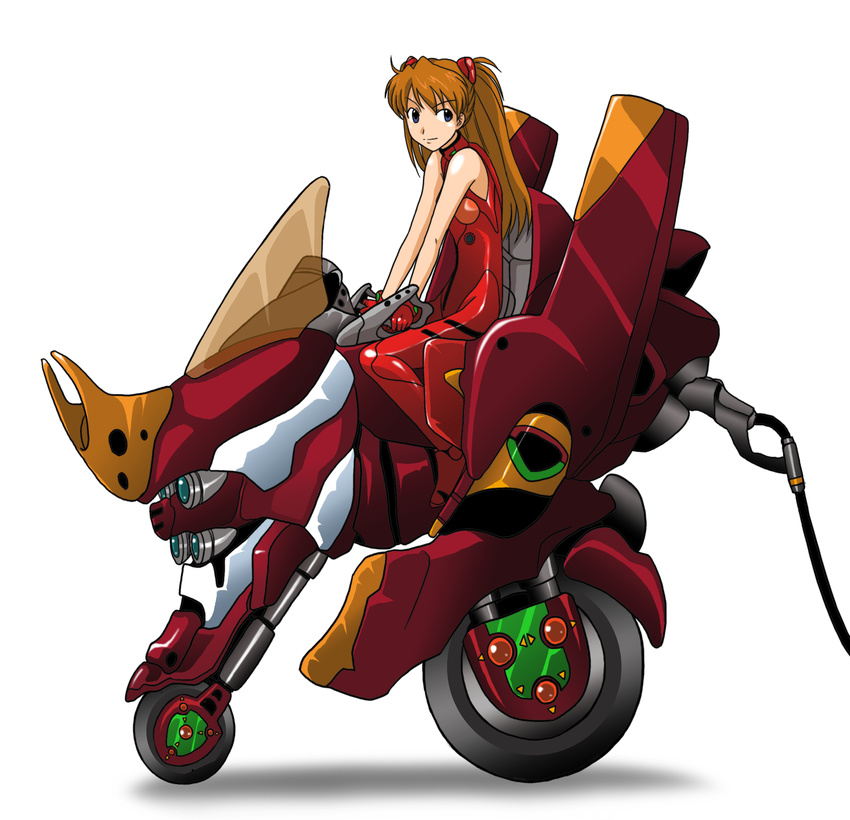 bare_shoulders bodysuit brown_hair ground_vehicle highres kakkii long_hair motor_vehicle motorcycle neon_genesis_evangelion parody plugsuit rebuild_of_evangelion rideback shikinami_asuka_langley simple_background solo souryuu_asuka_langley twintails