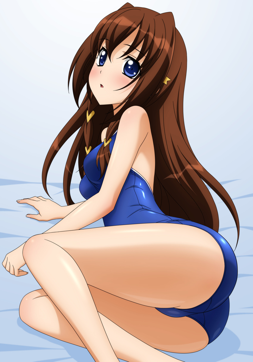 absurdres ass bed_sheet blue_eyes blush brown_hair competition_school_swimsuit highres long_hair looking_at_viewer lying on_side one-piece_swimsuit school_swimsuit solo sugimura_tomokazu swimsuit tachibana_ichika utakata