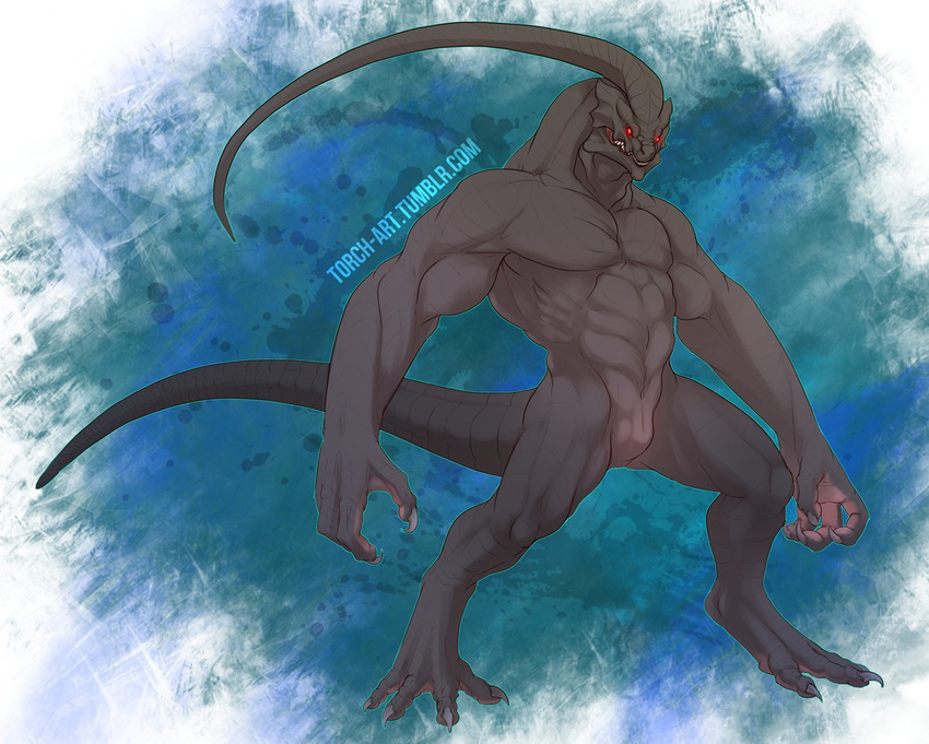 2013 abs amalj'aa biceps big_muscles claws digitigrade final_fantasy final_fantasy_xiv genital_slit glowing glowing_eyes grin long_arms male melinae_ratel muscles nude pecs pose quads red_eyes reptile scalie slit solo teeth tendrils video_games