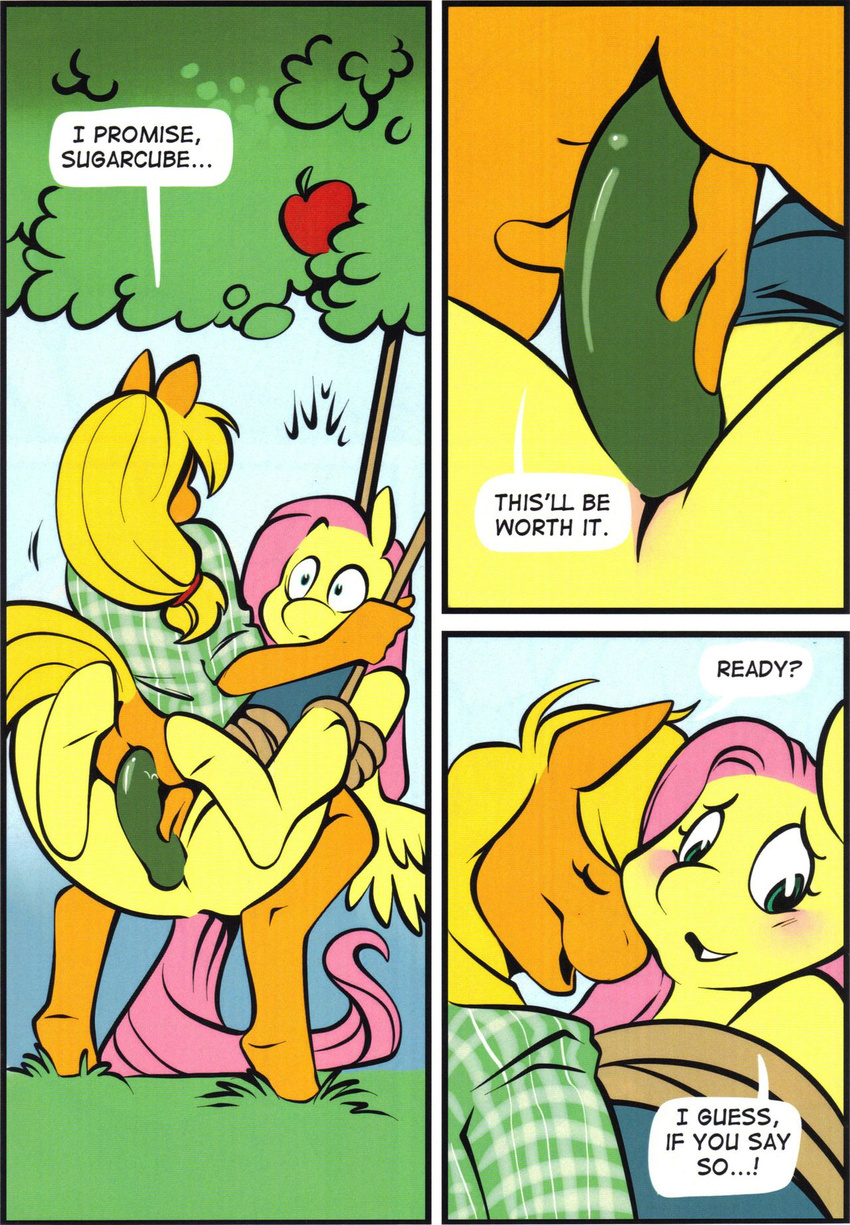 333456 anthro anthrofied applejack_(mlp) bdsm blonde_hair blush dildo double_dildo double_penetration english_text equine eyes_closed female fluttershy_(mlp) freckles friendship_is_magic hair horse insertion lesbian looking_down mammal my_little_pony orange_body penetration picnic picnic_basket pony pussy rope sausage sex_toy text vaginal vaginal_insertion vaginal_penetration wide_eyed yellow_body