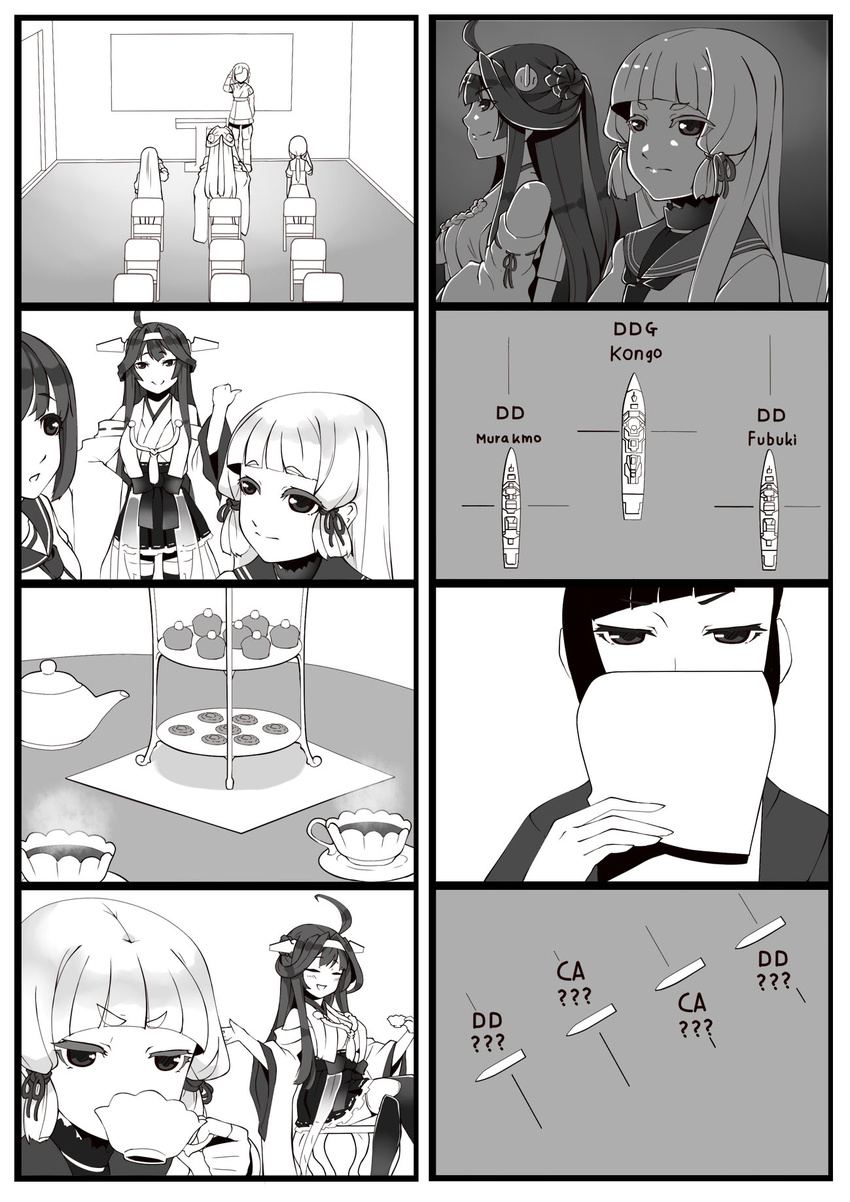 bangs blunt_bangs comic english female_admiral_(kantai_collection) fubuki_(destroyer) fubuki_(kantai_collection) greyscale hiememiko highres kantai_collection kongou_(jmsdf) kongou_(kantai_collection) long_hair monochrome multiple_girls murakumo_(destroyer) murakumo_(kantai_collection) school_uniform serafuku thighhighs typo