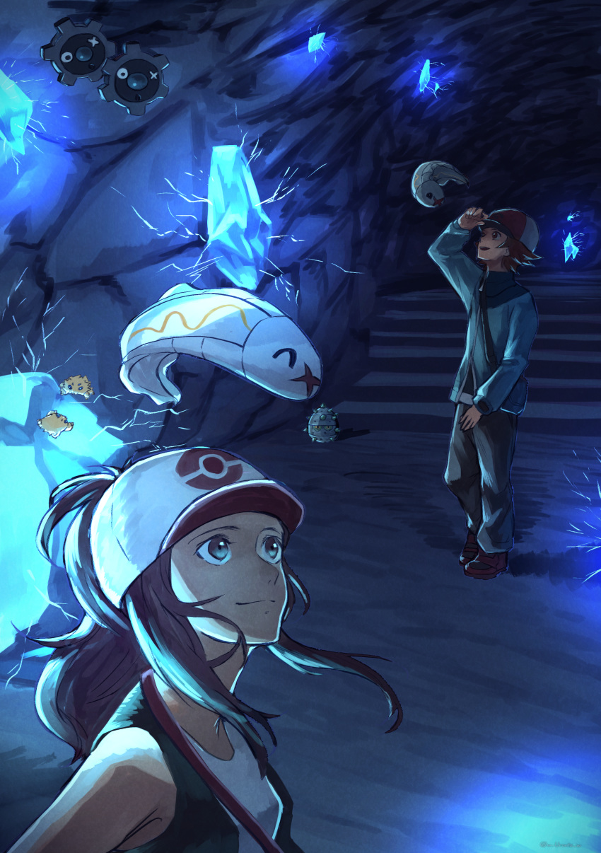 1girl ^_^ absurdres arm_at_side arm_up bare_shoulders baseball_cap black_vest brown_hair cave closed_eyes closed_mouth commentary_request creatures_(company) crystal electricity eyes_closed ferroseed flipped_hair floating game_freak gen_5_pokemon glowing glowing_crystal hand_on_headwear hat high_ponytail highres jacket joltik klink long_hair long_sleeves looking_at_another looking_up nintendo open_mouth pants pokemon pokemon_(creature) pokemon_(game) pokemon_bw ponytail shirt shoes short_hair sidelocks sleeveless sleeveless_shirt smile stairs standing touko_(pokemon) touya_(pokemon) tynamo vest w-moz9-w white_shirt