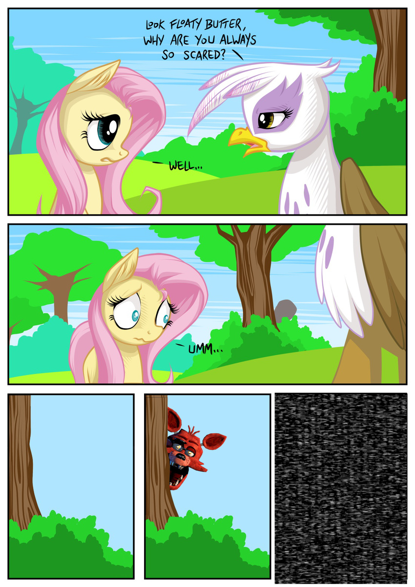 avian blue_eyes brown_eyes comic dialog edit english_text equine female five_nights_at_freddy's foxy_(fnaf) friendship_is_magic gilda_(mlp) gryphon hair horse long_hair machine male mammal mechanical my_little_pony mysticalpha outside pink_hair pony robot stalking static text tree wings