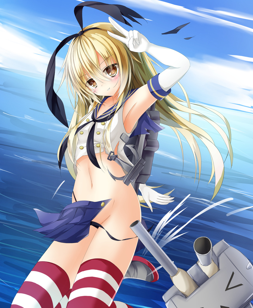 anchor_hair_ornament arm_up armpits assisted_exposure bad_id bad_pixiv_id black_panties blonde_hair blue_sky blush cannon cloud crop_top day elbow_gloves gloves grin hair_ornament hairband highleg highleg_panties highres kantai_collection kurimu_(crim_soda) long_hair looking_at_viewer machinery microskirt midriff navel ocean panties pleated_skirt rensouhou-chan sailor_collar shimakaze_(kantai_collection) skirt sky smile solo striped striped_legwear thighhighs turret underwear v wardrobe_malfunction white_gloves yellow_eyes