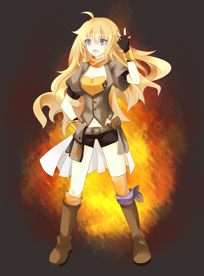 1girl absurdres belt bike_shorts blonde_hair blue_eyes boots brown_footwear commentary_request fingerless_gloves gloves highres knee_boots long_hair loose_socks neckerchief over-kneehighs rwby ryo_neko short_sleeves socks solo thighhighs yang_xiao_long