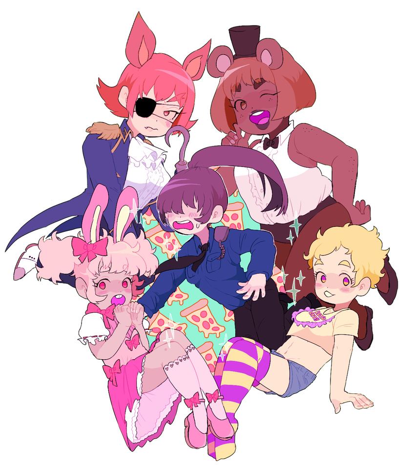 animal_ears bad_id bad_tumblr_id bear_ears bib blush bonnie_(fnaf) buck_teeth bunny_ears chica dark_skin eyebrows eyepatch fang five_nights_at_freddy's food fox_ears foxy_(fnaf) freddy_fazbear genderswap genderswap_(mtf) hair_over_eyes hand_on_hip highres hook_hand kneehighs mike_schmidt multiple_girls no_eyes no_sclera one_eye_closed open_mouth pantyhose personification pizza security_guard striped striped_legwear thighhighs tokimekiwaku toon white_legwear