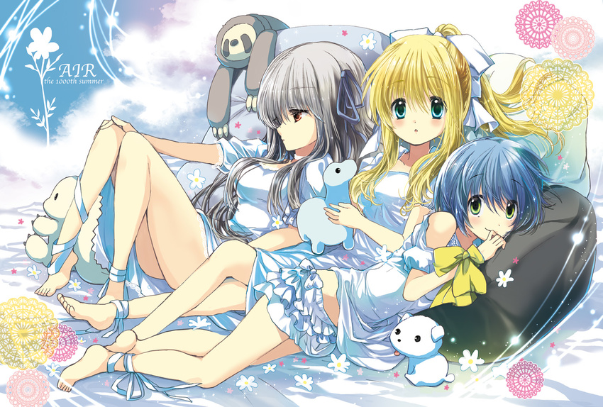 :o air ankle_ribbon bangs bare_legs bare_shoulders barefoot bed_sheet blonde_hair blue_eyes blue_hair blush bow breasts choker cloud copyright_name dog doily dress expressionless feet flower from_side full_body green_eyes hair_between_eyes hair_ribbon hand_on_own_knee hand_to_own_mouth high_ponytail holding izumi_rei kamio_misuzu kirishima_kano knees_up lace layered_skirt light_particles light_smile long_hair looking_at_viewer looking_to_the_side lying midriff multiple_girls on_side open_mouth pillow ponytail potato_(air) puppy reclining red_eyes ribbon short_hair short_sleeves sidelocks silver_hair skirt sky small_breasts smile stuffed_animal stuffed_dinosaur stuffed_sloth stuffed_toy teddy_bear tongue tongue_out toono_minagi very_long_hair wrist_ribbon