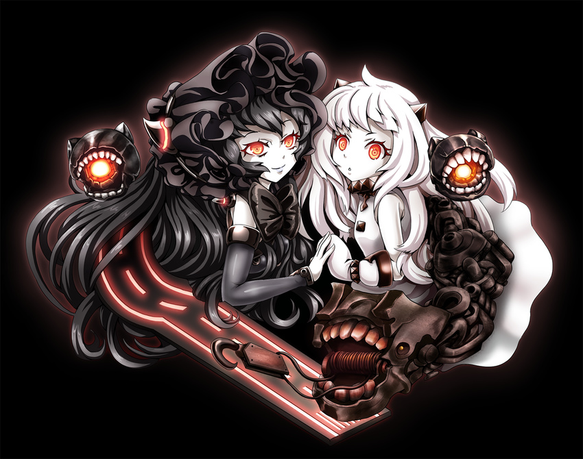 ahoge bare_shoulders black_background black_dress black_hair detached_sleeves dress gloves gothic_lolita hands_together horns isolated_island_oni kantai_collection lolita_fashion long_hair looking_at_viewer machinery mittens multiple_girls northern_ocean_hime pale_skin red_eyes shinkaisei-kan tk8d32 white_dress white_gloves white_hair