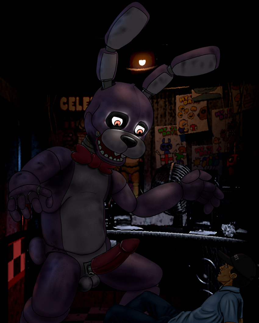 balls bonnie_(fnaf) clothing crossgender erection five_nights_at_freddy's gay human johawk lagomorph long_ears machine male mammal mechanical mike_schmidt nude penis rabbit robot security video_games