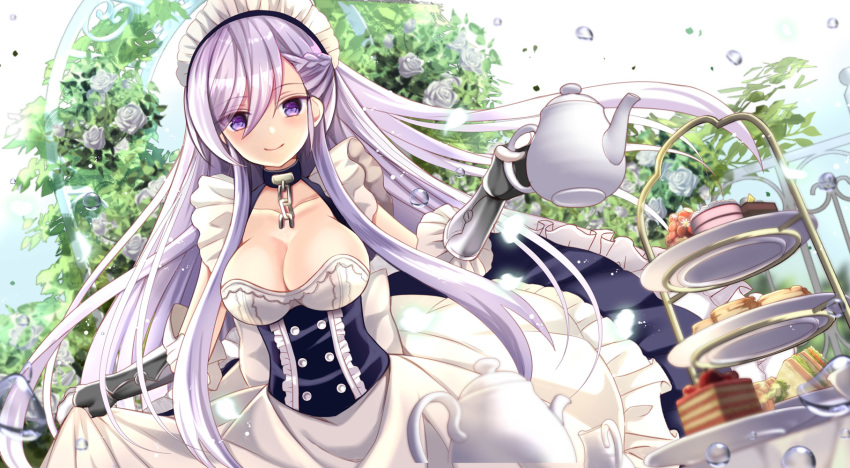 1girl azur_lane bangs belfast_(azur_lane) biscuit blurry blush braid breasts cake chains cleavage closed_mouth collar collarbone commentary_request depth_of_field dress dutch_angle eyebrows_visible_through_hair flower food french_braid frilled_dress frills gauntlets hand_up highres holding_teapot large_breasts leaning_forward long_hair looking_at_viewer maid maid_headdress nozomi_fuuten outdoors plate purple_eyes railing rose sandwich sidelocks skirt_hold smile solo teapot tiered_tray tree underbust very_long_hair white_dress white_flower white_hair white_rose