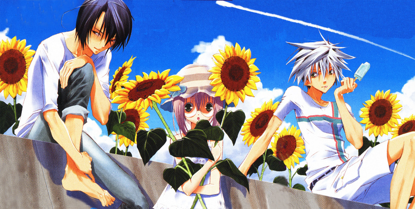 2boys akatsuki_chika cloud day dress flower food glasses hat highres ice_cream kita_michiru multiple_boys peach-pit pink_hair short_hair sky sunflower tachibana_shito zombie_loan