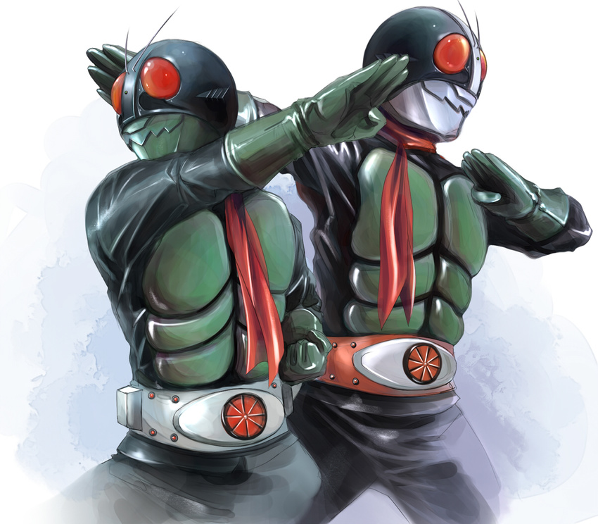 belt gloves helmet kamen_rider kamen_rider_1 kamen_rider_2 mask multiple_boys pose red_eyes red_scarf scarf sei_mon