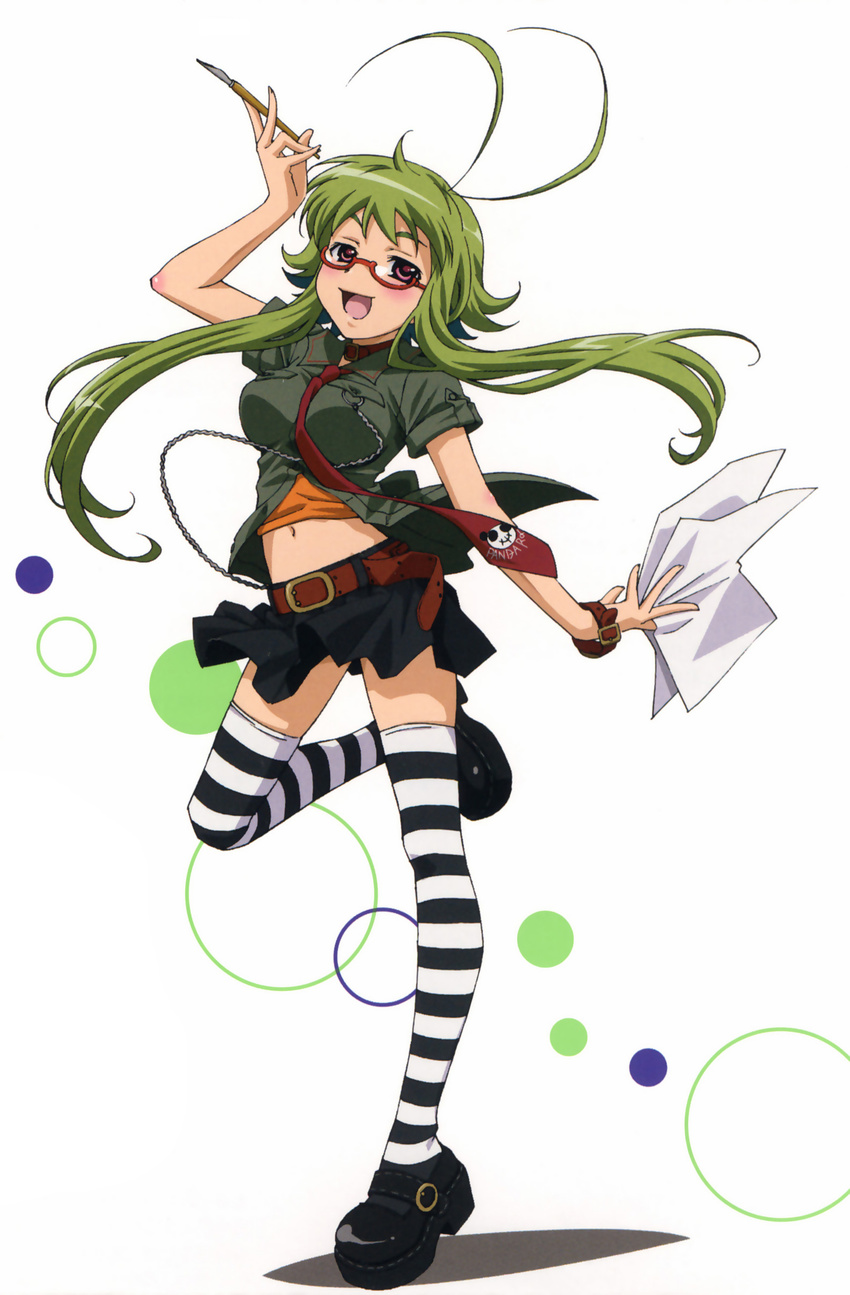 absurdres antenna_hair asu_no_yoichi belt blush flipped_hair glasses green_hair happy highres ikaruga_chihaya leg_lift legs long_hair midriff morishima_noriko necktie paper pen purple_eyes short_hair_with_long_locks sidelocks skirt solo striped striped_legwear thighhighs zettai_ryouiki