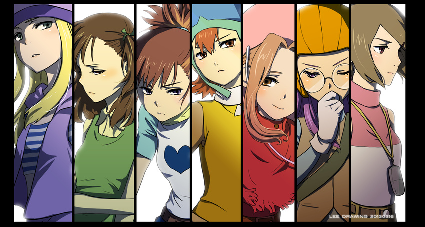 bad_id bad_pixiv_id belt blonde_hair brown_eyes brown_hair column_lineup cowboy_hat digimon digimon_adventure digimon_adventure_02 digimon_frontier digimon_tamers glasses gloves green_eyes green_shirt hat heart highres inoue_miyako katou_juri lee1210 long_hair makino_ruki multiple_girls one_eye_closed orange_hair orimoto_izumi purple_eyes purple_hair shirt short_hair striped striped_shirt t-shirt tachikawa_mimi takenouchi_sora turtleneck yagami_hikari