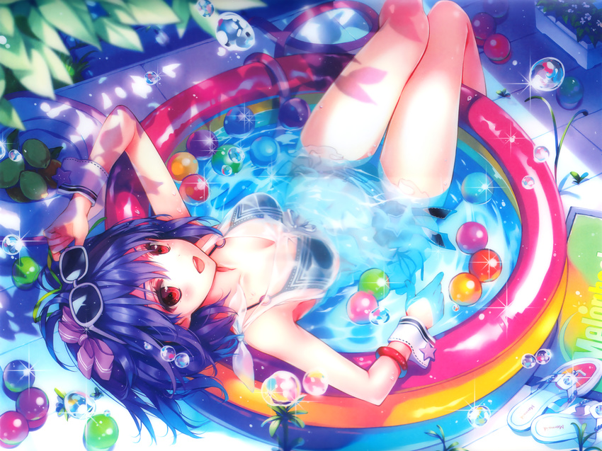 :d absurdres bikini black_lemon-chan blue_hair bracelet eyewear_on_head highres huge_filesize jewelry kuroya_shinobu lying melonbooks on_back open_mouth partially_submerged pool red_eyes sandals scan shoes_removed short_hair smile solo sunglasses swimsuit thighs upside-down wading_pool water water_drop wrist_cuffs