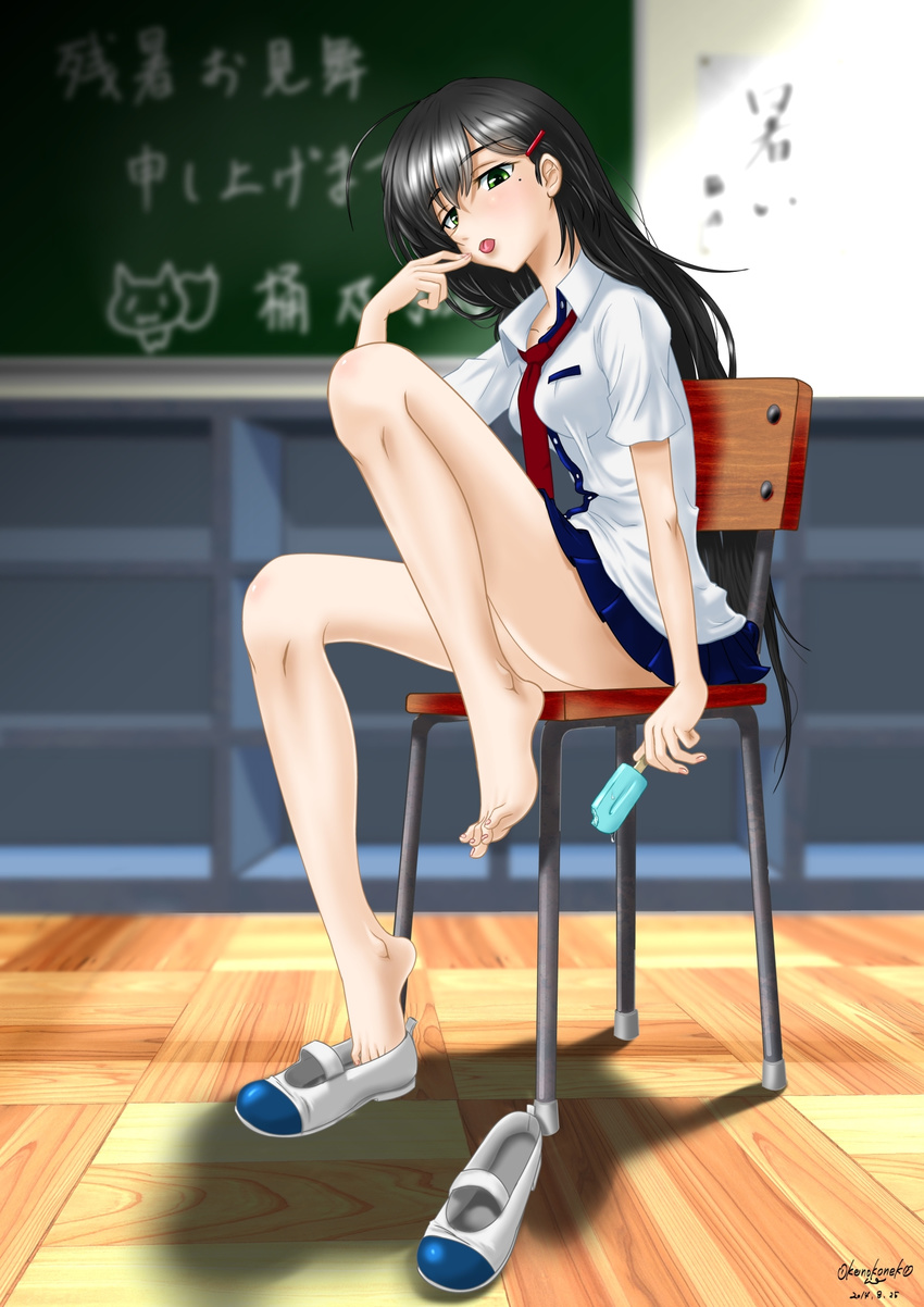 barefoot black_hair chair chalkboard feet food full_body green_eyes highres knee_up legs long_hair long_legs mole mole_under_eye necktie okenokoneko original pleated_skirt popsicle school_uniform shoes shoes_removed sitting skirt solo thighs toes tongue tongue_out uwabaki