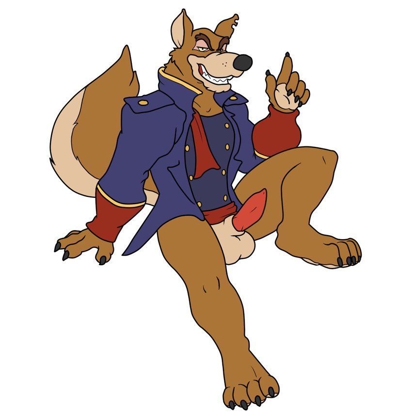 2014 anthro balls blueballs bottomless canine claws clothing disney don_karnage erection fur looking_at_viewer male mammal paws penis plain_background solo talespin toe_claws wolf