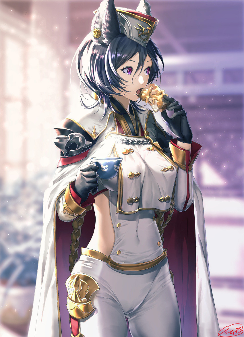 1girl animal_ears bangs black_gloves black_hair breasts commentary_request cup double-breasted eating erune food food_on_face gloves granblue_fantasy hair_between_eyes hat highres holding holding_cup ilsa_(granblue_fantasy) indoors jacket_on_shoulders large_breasts matsuki_tou military military_hat military_jacket military_uniform open_mouth pants purple_eyes short_hair shoulder_armor slice_of_pie solo uniform white_pants window
