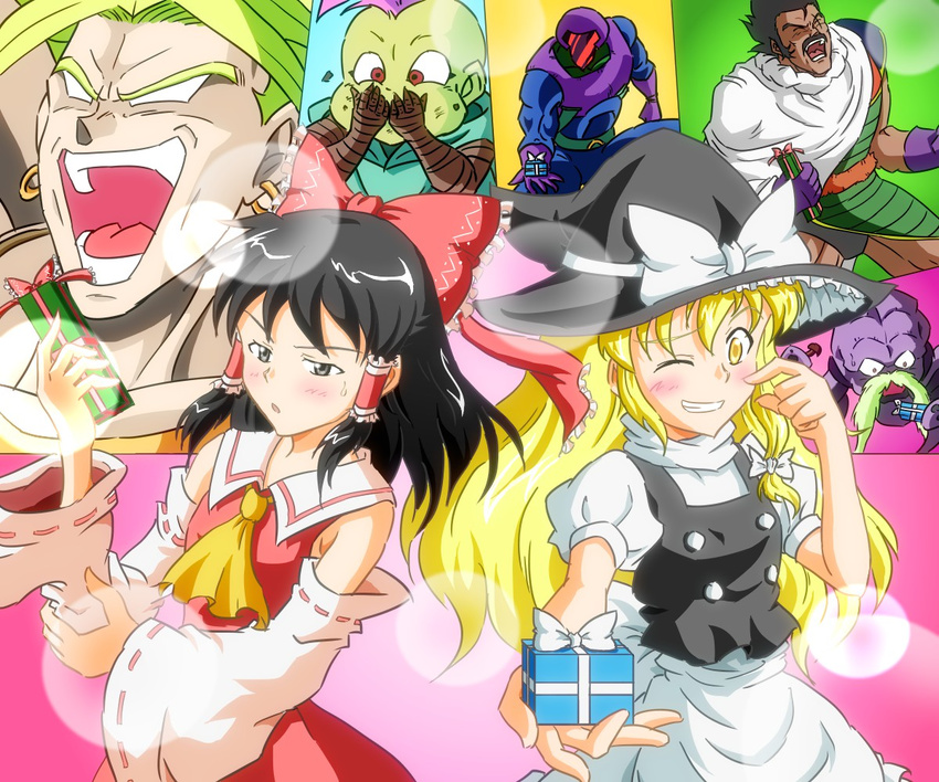 3boys black_hair blonde_hair blush bow broly cape crossover detached_sleeves dragon_ball dragon_ball_z dress earrings facial_hair gift hair_bow hair_ribbon hakurei_reimu hat jewelry kirisame_marisa legendary_super_saiyan long_hair monkey_tail multiple_boys multiple_girls mustache necklace ohoho open_mouth paragus puffy_sleeves ribbon scar short_hair smile spiked_hair super_saiyan sweatdrop tail touhou vest witch_hat yellow_eyes