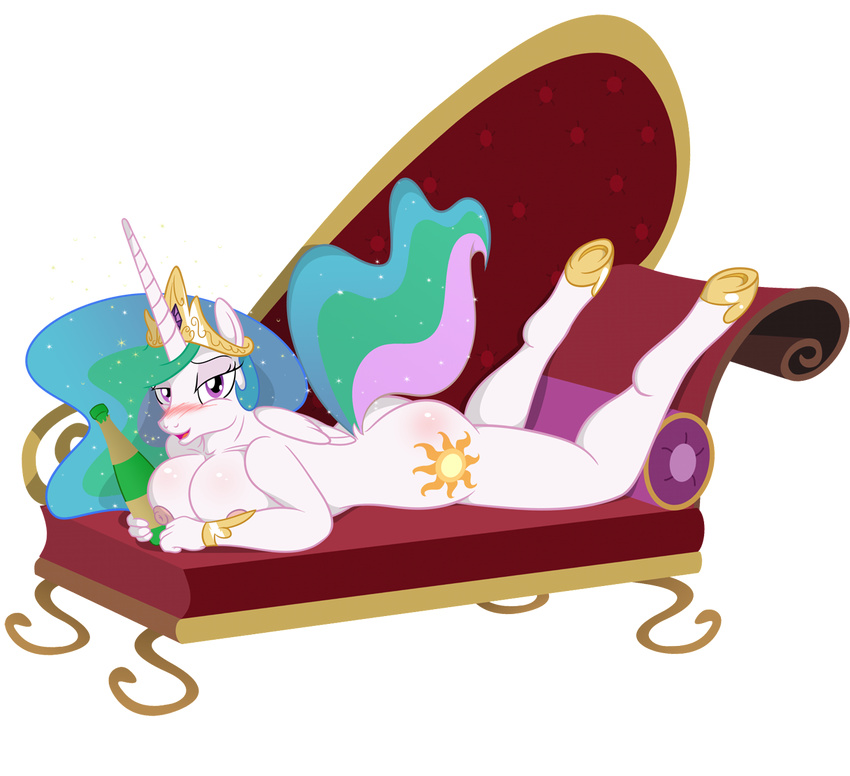 2014 alcohol alpha_channel anthro anthrofied beverage biped blush body_blush bottle breasts butt butt_blush champagne container crown cutie_mark drunk el-loko equid equine fainting_couch feathered_wings feathers female friendship_is_magic furniture gold_(metal) hair hasbro headgear horn looking_at_viewer lying mammal multicolored_hair my_little_pony mythological_creature mythological_equine mythology nipples nude on_front princess_celestia_(mlp) purple_eyes sofa solo sparkles substance_intoxication white_body white_feathers winged_unicorn wings