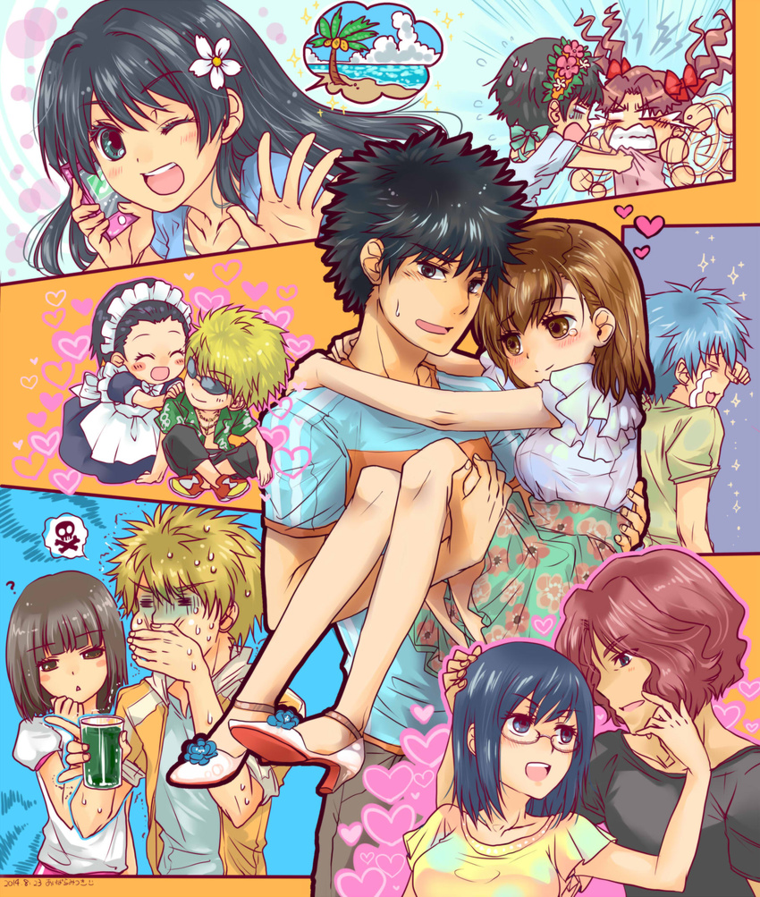 6+girls aibara_mitsuki aogami_pierce apron bad_id bad_pixiv_id black_eyes black_hair blonde_hair blue_hair brown_eyes brown_hair carrying casual cellphone dress glass glasses hamazura_shiage head_wreath highres kamijou_touma konori_mii kurozuma_wataru long_hair maid maid_apron maid_headdress misaka_mikoto multiple_boys multiple_girls phone saten_ruiko shirai_kuroko spiked_hair takitsubo_rikou tears to_aru_majutsu_no_index tsuchimikado_maika tsuchimikado_motoharu twintails uiharu_kazari