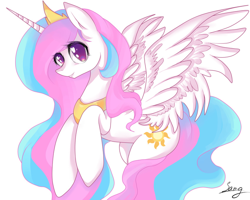 2014 5:4 cutie_mark equid equine feathered_wings feathers female feral friendship_is_magic fur hair hasbro hi_res horn mammal multicolored_hair my_little_pony mythological_creature mythological_equine mythology princess_celestia_(mlp) purple_eyes santagiera signature simple_background solo white_background white_body white_feathers white_fur winged_unicorn wings