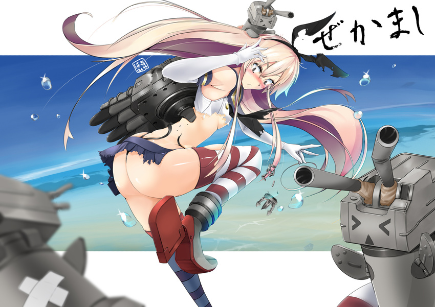 &gt;_&lt; accidental_exposure ass black_panties blonde_hair character_name closed_eyes elbow_gloves frown gloves hairband harumiya_hiro highres kantai_collection long_hair ocean panties rensouhou-chan shimakaze_(kantai_collection) signature skirt sky solo striped striped_legwear thighhighs torn_clothes torn_skirt triangle_mouth underwear wardrobe_malfunction white_gloves