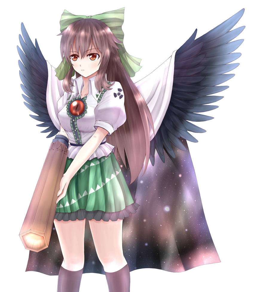 arm_cannon bad_id bad_pixiv_id black_hair black_wings blouse bow breasts brown_hair cape hair_bow highres large_breasts long_hair radiation_symbol red_eyes reiuji_utsuho short_sleeves skirt socks solo touhou weapon wendell wings