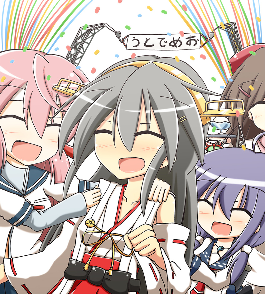 ahoge akashi_(kantai_collection) bow brown_hair closed_eyes detached_sleeves food grey_hair hair_bow hair_ornament hair_ribbon hairband hairclip haruna_(kantai_collection) ice_cream kantai_collection kasaneko long_hair low_twintails magatama mamiya_(kantai_collection) multiple_girls nontraditional_miko open_mouth pink_hair purple_hair ribbon school_uniform serafuku smile taigei_(kantai_collection) translated twintails