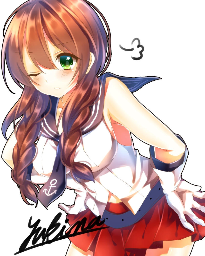 anchor_symbol artist_name bad_id bad_pixiv_id bare_shoulders blush braid breasts brown_hair gloves green_eyes hands_on_hips highres kantai_collection leaning_forward medium_breasts neckerchief noshiro_(kantai_collection) one_eye_closed pleated_skirt red_skirt saijou_haruki sailor_collar sideboob signature skirt twin_braids white_gloves