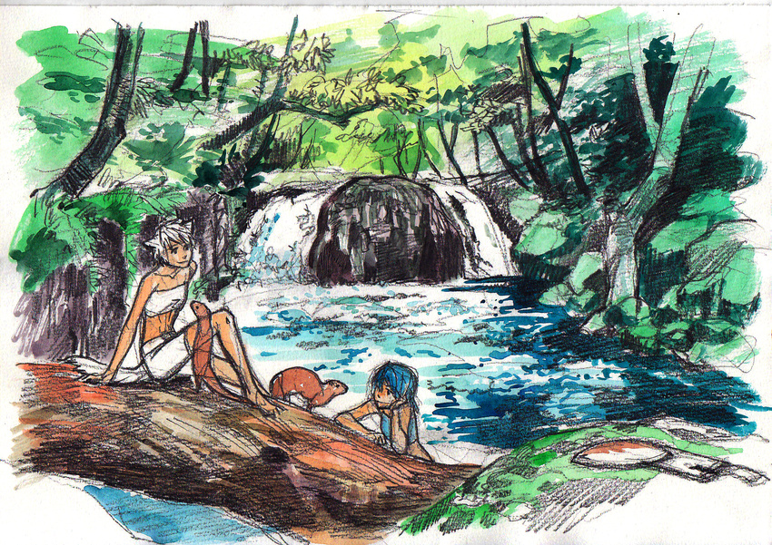 animal animal_ears bad_id bad_pixiv_id barefoot blue_hair graphite_(medium) highres inubashiri_momiji kawashiro_nitori kobuushi multiple_girls otter river scenery short_hair sitting smile swimsuit tail touhou traditional_media tree water watercolor_(medium) waterfall white_hair wolf_ears wolf_tail youkai