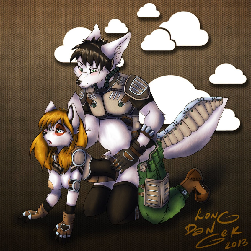 1:1 2013 anthro anthro_on_anthro armor blush body_armor boots bottomwear breasts canid canine cheek_tuft clothed clothing duo facial_tuft female fingerless_gloves footwear from_behind_position fur gloves green_eyes handwear hi_res inner_ear_fluff kneeling legwear longdanger male male/female mammal nipples open_mouth pants sex thigh_highs topless tuft