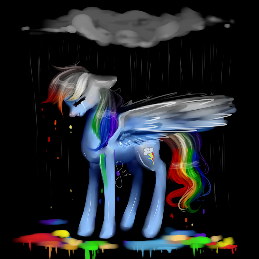 2014 blue_fur cloud crying cutie_mark equine eyes_closed female friendship_is_magic fur hair horse mammal multicolored_hair my_little_pony partial_color pegasus pony rain rainbow_dash_(mlp) rainbow_hair sad saoiirse solo tears wings