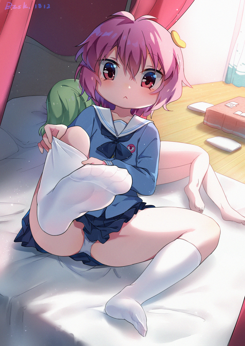 absurdres baozishark black_skirt blue_shirt feet green_hair highres huge_filesize kneehighs kneehighs_pull komeiji_koishi komeiji_satori leaning_back leg_up no_shoes nude panties pantyshot pantyshot_(sitting) pink_eyes pink_hair pulled_by_self shirt short_hair siblings sisters sitting skirt socks soles spread_legs toes touhou underwear upskirt white_legwear white_panties