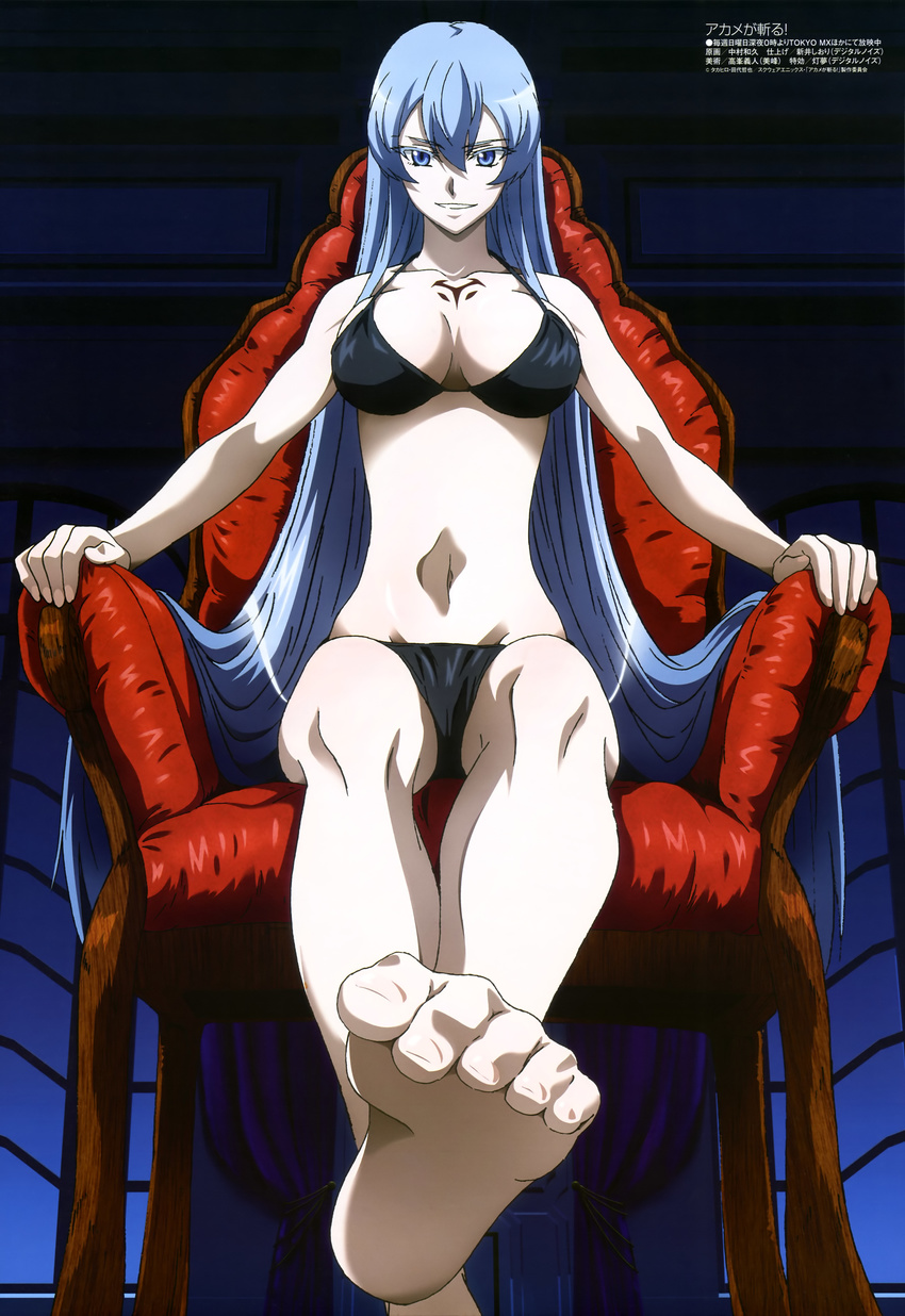 absurdres akame_ga_kill! armchair barefoot bikini blue_eyes blue_hair breasts chair cleavage esdeath expectant feet highres large_breasts legs long_hair megami nakamura_kazuhisa navel non-web_source official_art pov_feet sitting soles solo swimsuit toe_scrunch toes very_long_hair